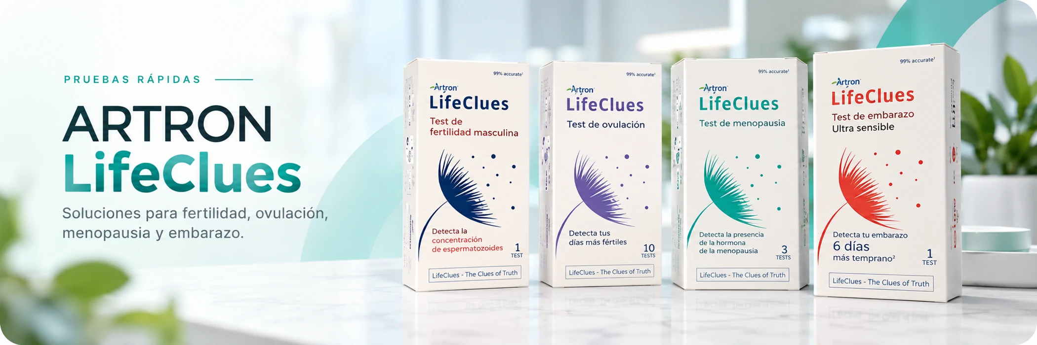 Banner ilustrativo de la línea ARTRON LifeClues con cuatro pruebas: fertilidad masculina, ovulación, menopausia y embarazo
